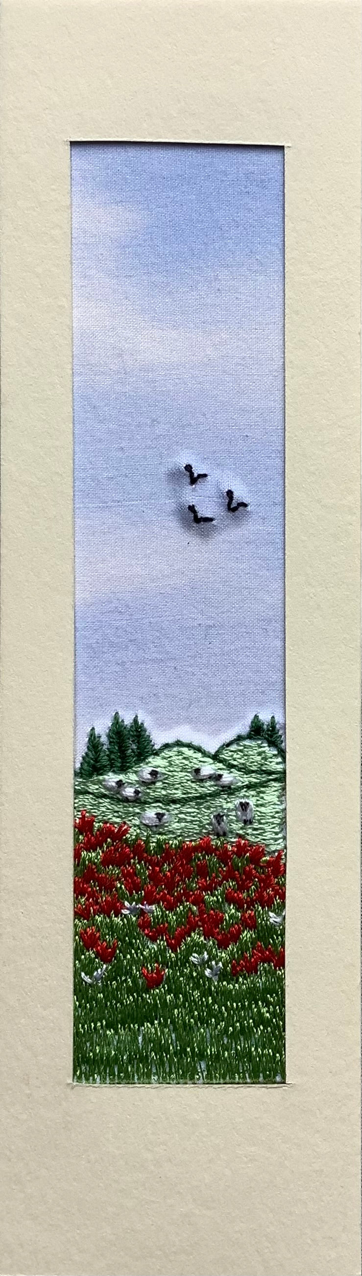 Poppy field with sheep embroidered bookmark