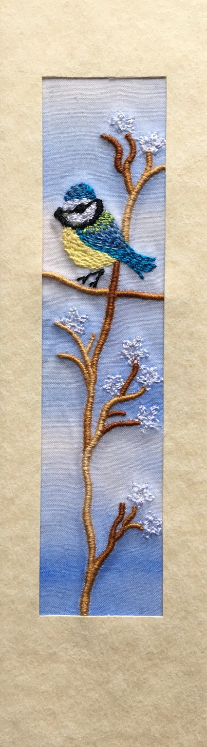 Blue tit embroidered bookmark