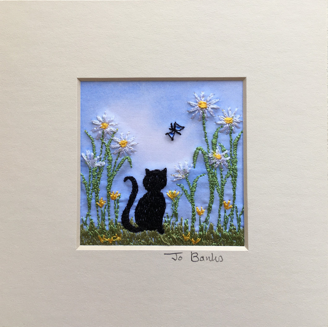 Black cat with daisies embroidered picture
