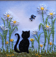 Load image into Gallery viewer, Black cat with daisies embroidered picture
