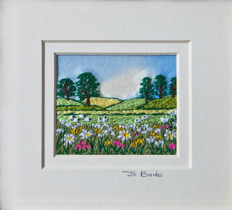 Summer meadow with sheep embroidered picture
