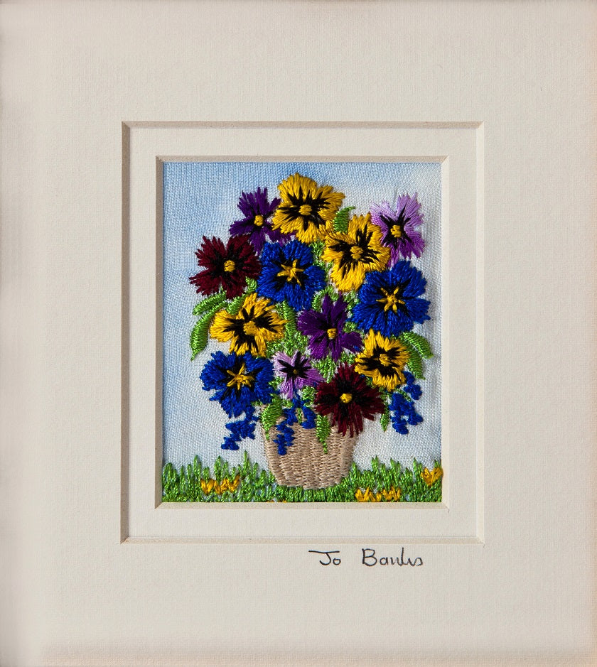 Pansy flower basket embroidered picture
