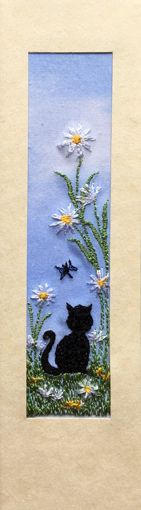 Black cat with daisies and butterfly embroidered bookmark