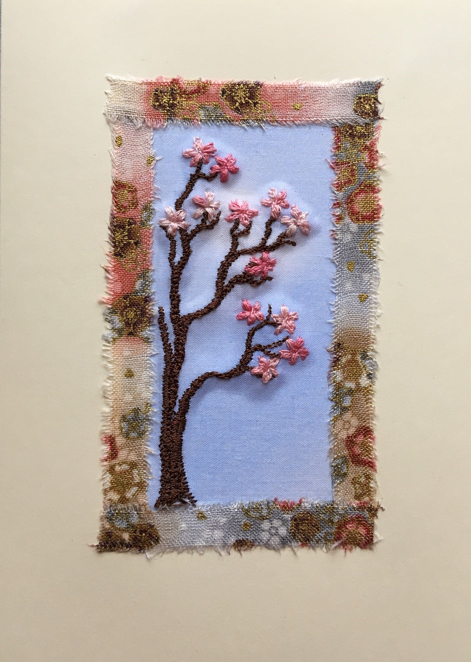 Pink blossom embroidered card with oriental print border