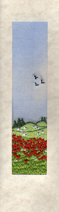 Poppy field with sheep embroidered bookmark