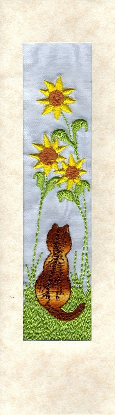 Tabby cat with sunflowers embroidered bookmark